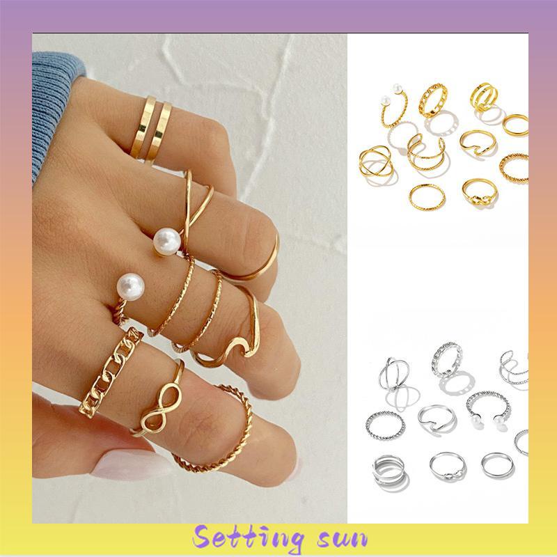 10 Buah Set Wanita Kreatif Sederhana Manik-manik Ganda Cincin Gabungan Geometri Gelombang Mutiara TN