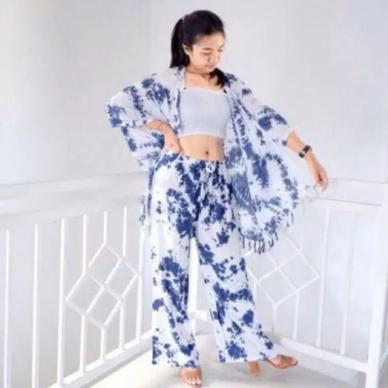 SET OUTER CARDIGAN TIE DYE KARDIGAN TIE DIE TIEDYE-Putih bercak navy
