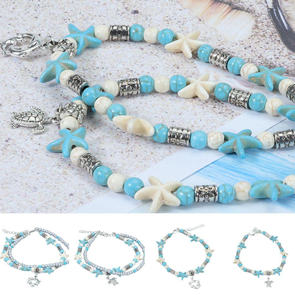 R-bunga Turtle Gelang Kaki Aksesoris Perhiasan Shell Bintang Laut Double-deck Drop Rantai Ocean Pendant Couple Anklet Foot Chain