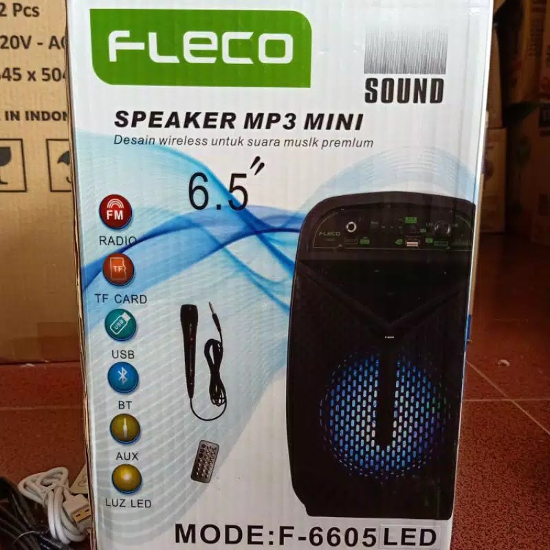 Speaker Bluetooth Karaoke Fleco F-6605LED 6,5 inchi Gratis Microphone Dan Remot Super Bass