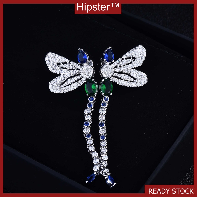 Colorful Moissanite Dragonfly Shape Long Sterling Silver Needle Stud Earrings