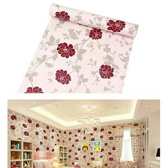 HARGA MURAH!!!Wallpaper Stiker Dinding Motif Dan Karakter Premium Quality Size 45cm X 10M Mawar Merah