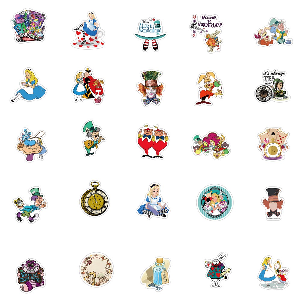 Set 50 Miếng Dán Trang Trí Phong Cách Phim Hoạt Hình Alice In Wonderland Độc Đáo