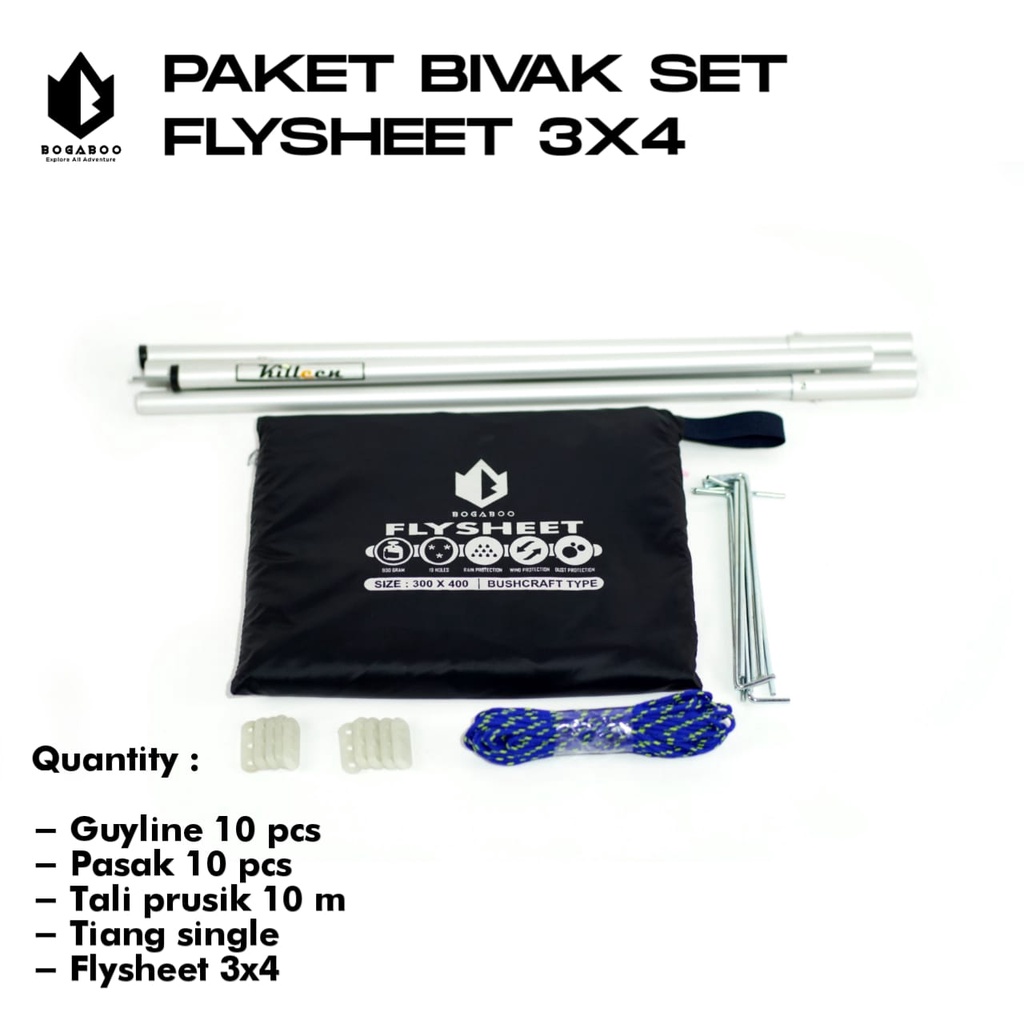 Bisa (COD) Paket Tiang Single Killeen +Flysheet 3X4 +Stopper Guyline Tebal 10 Pcs + Tali prusik 10 M +Pasak 10 pcs