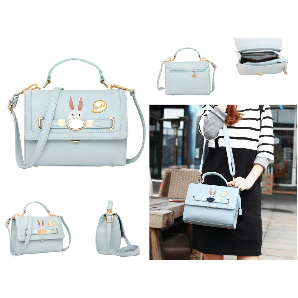 xk045 tas import super  kelinci embroidery biru langit wanita selempang muda