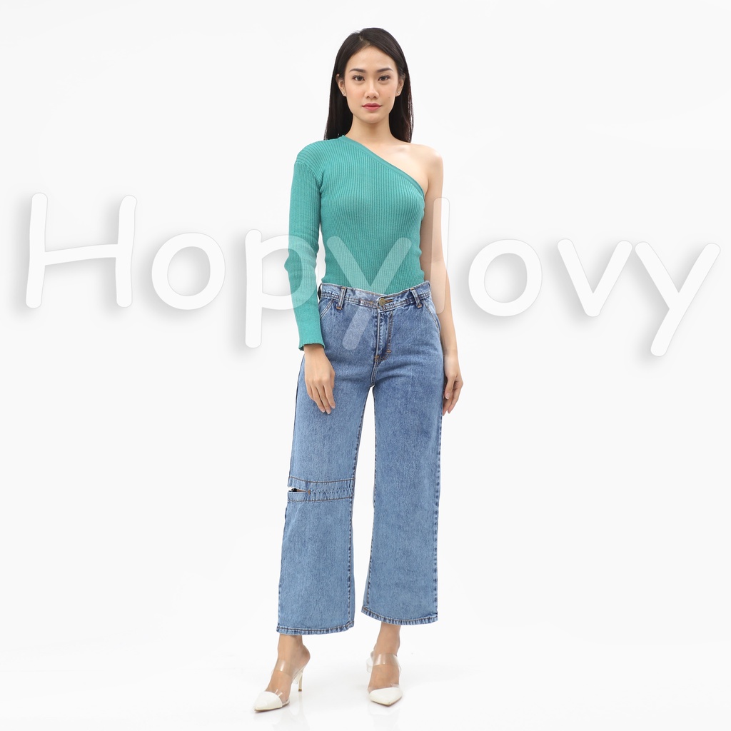 HOPYLOVY Celana Kulot Wanita Highwaist Boyfriend Jeans BF Sobek Claretta