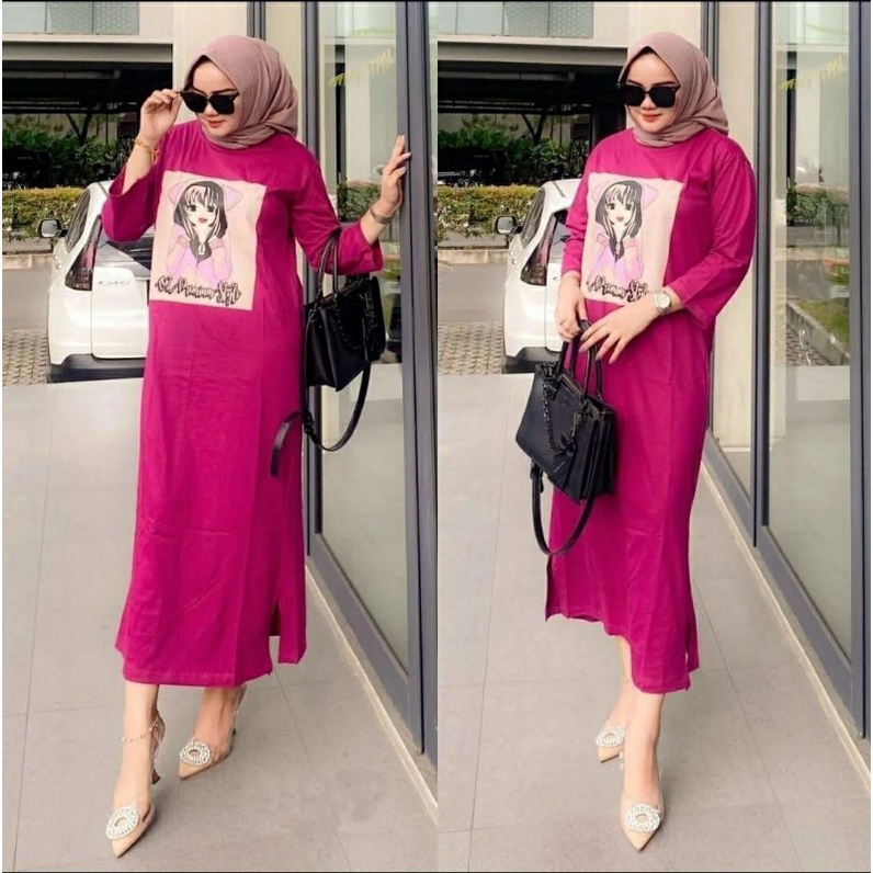 ( Long Dress  midi Atika )Midi dress tunik wanita muslim syakila katun rayon busui