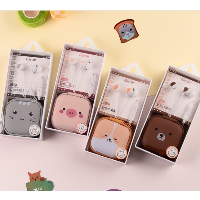 [E-207] Set Headset Earphone Kartun Wajah ANIMAL Kotak / Wadah Earphone Karakter HEWAN Bentuk Kotak Lucu