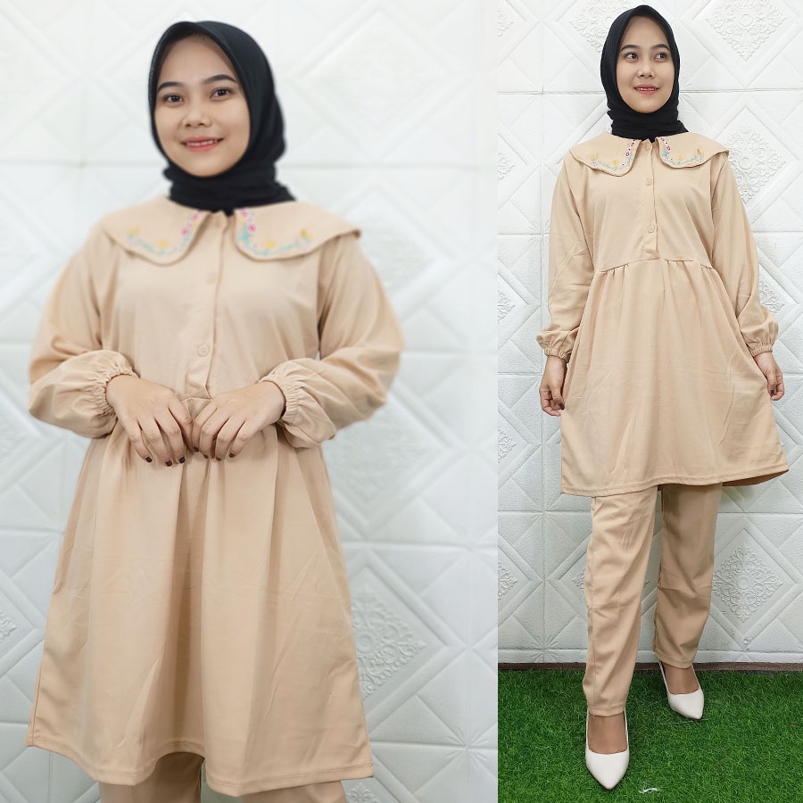 SETELAN TUNIK BUSUI + CELANA ZUVIA BORDIR KERAH GL FASHION