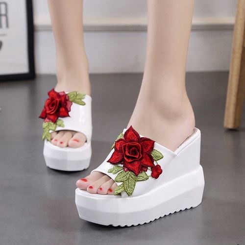 BJS0851 - BLACK/WHITE - Sepatu Wedges Wanita Cantik Import 13CM SEPATU SANDAL PESTA WANITA MOTIF BUNGA SEPATU HAK FASHION IMPORT TERMURAH TERLARIS TERBARU BAGSTORE JAKARTA JSW0851