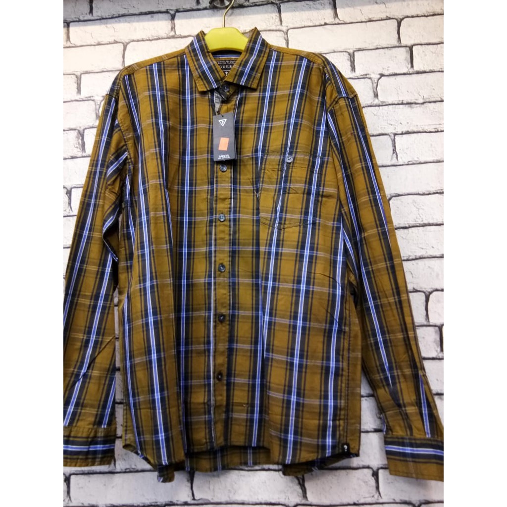 Kemeja pria Kotak Lengan Panjang Warna Coklat Bahan Katun 3 Ukuran Jumbo ( XXL , XXXL , XXXXL)
