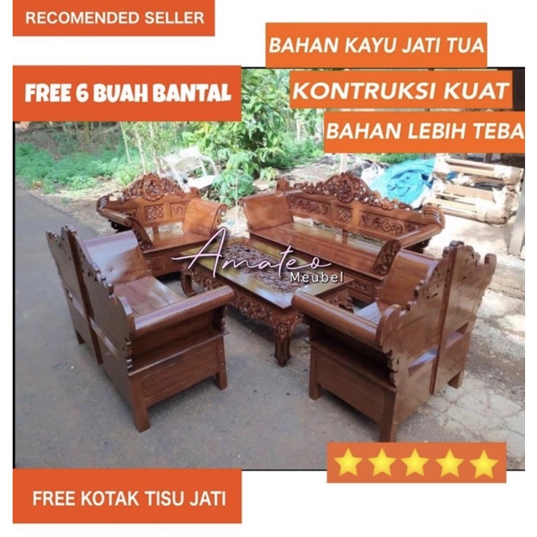 KURSI TAMU JATI MADURA MATAHARI LENGKAP DENGAN BUSA DAN KACA CUSTOM
