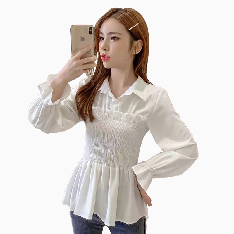 Blus Plisket lengan panjang wanita Gaya Korea variasi krah kemeja - XSHOP Maharani