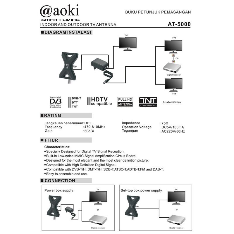 AOKI Antena digital 2 tv  luar dalam indoor outdoor AT5000