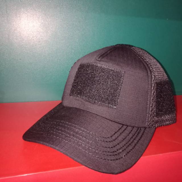 Topi Tactical/Perekat Hitam Ripstop Kombinasi Doublemesh