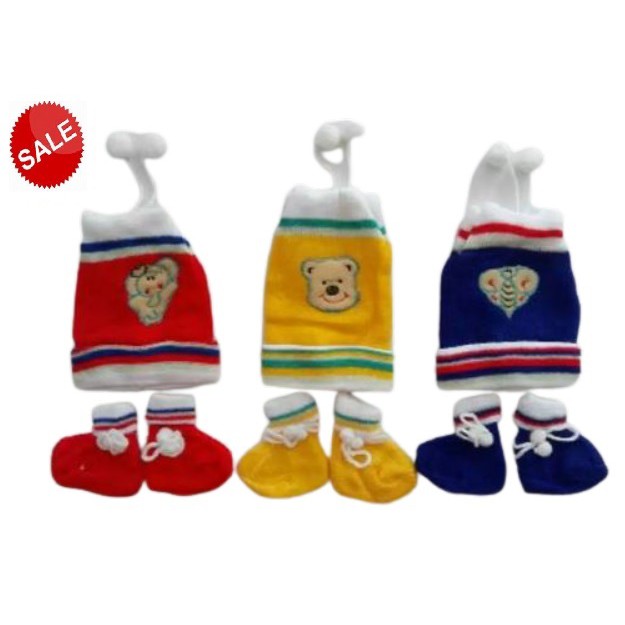 6 PIECE TOPI RAJUT SET Topi Kupluk Bayi Rajut SET Kaos Kaki Grosir/ 1/2 Lusin Topi Bayi Rajut Plus Kaos Kaki 3 IN 1