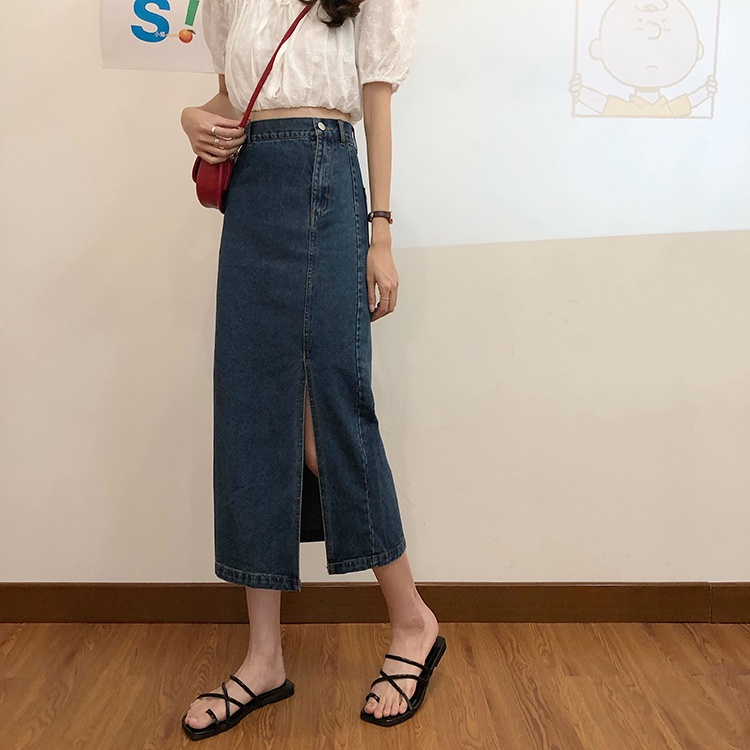 Rok Denim Panjang Wanita Korean Style Slit A-line Skirt Midi