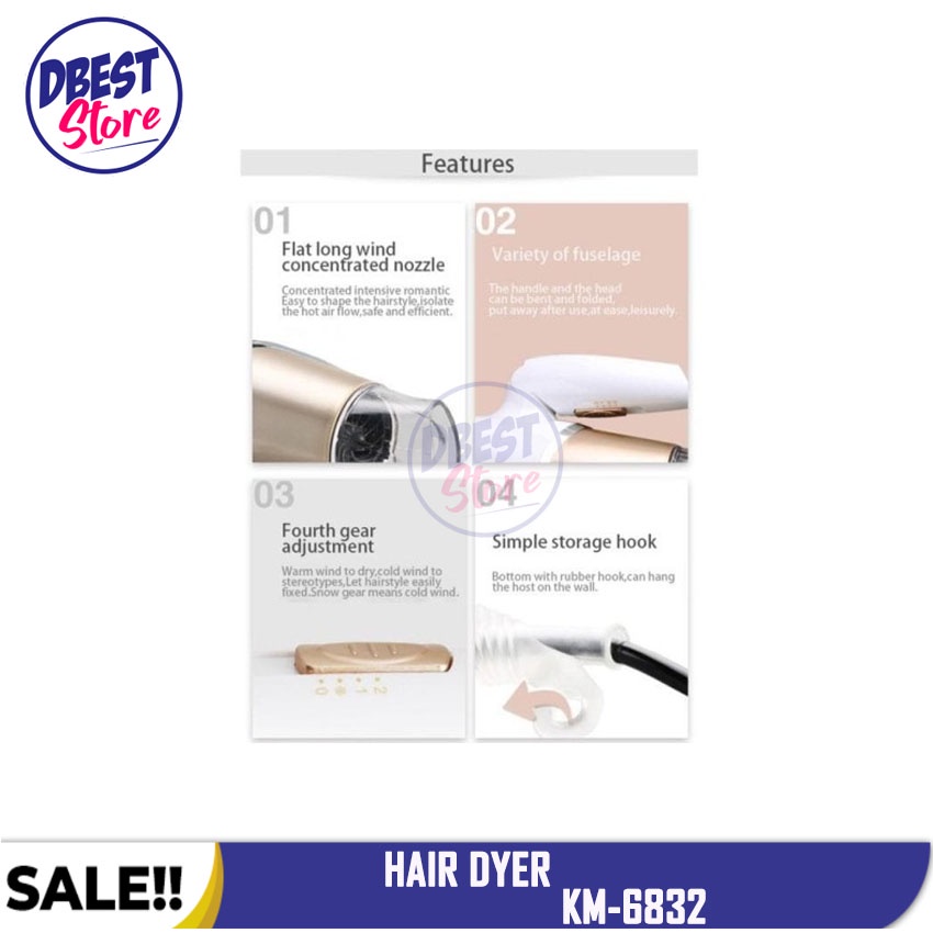 BISA COD - Hair Dryer KEMEI KM-6832/KM 6832 Pengering Rambut Lipat Portable / Perawatan Rambut
