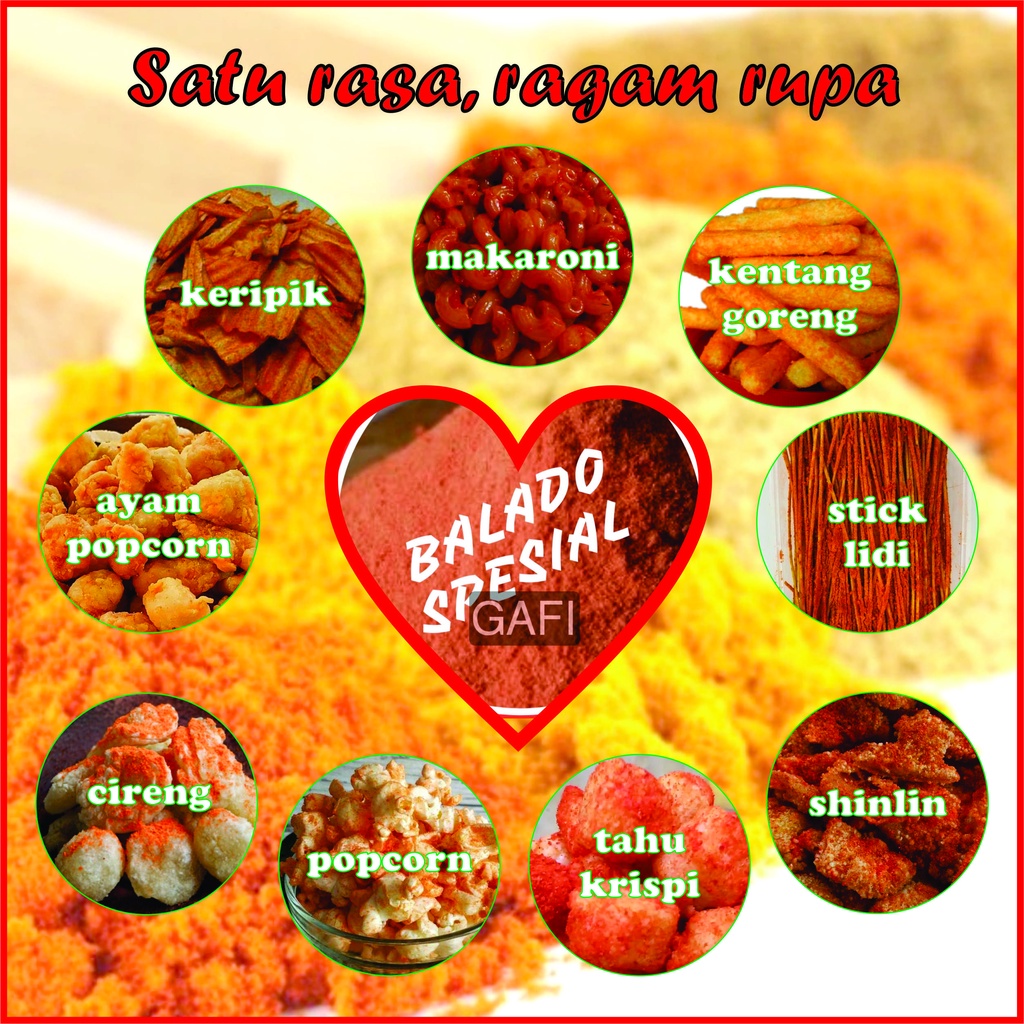 

Jual Bumbu Tabur Bubuk Seasoning Powder Balado 100 gr, Aneka Rasa Balado,Halal,Enak, Praktis.