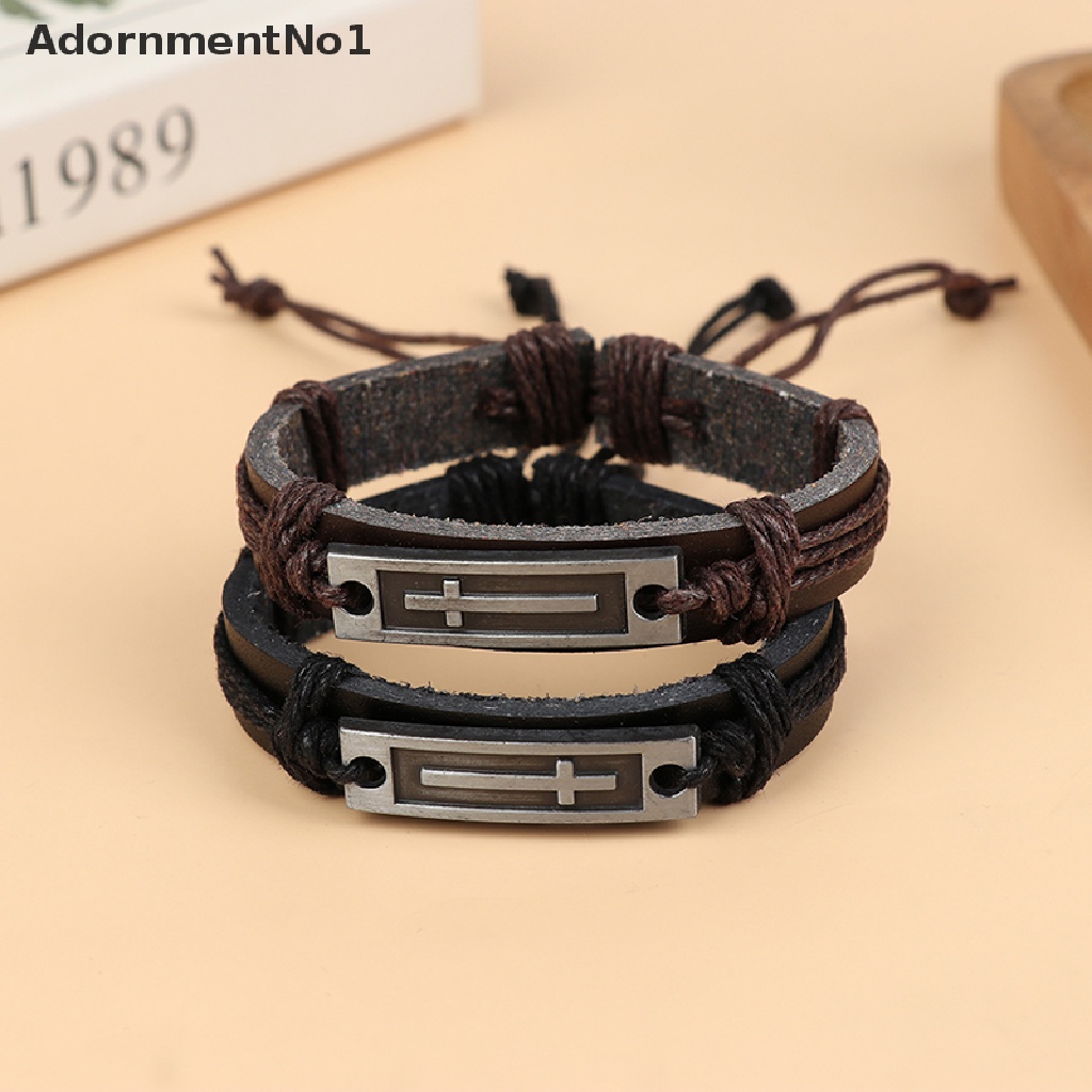 (AdornmentNo1) Gelang Tangan Kulit Motif Salib Yesus Kristen Vintage Untuk Pria / Wanita