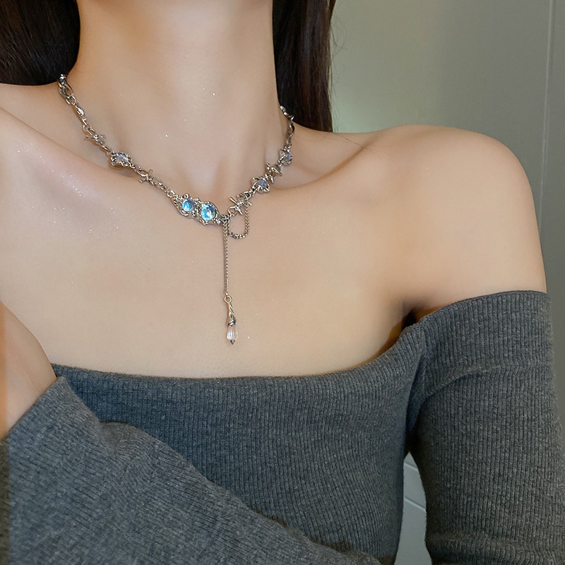 Y2k Kalung Choker Silver Dengan Liontin Batu Opal Mewah Untuk Wanita