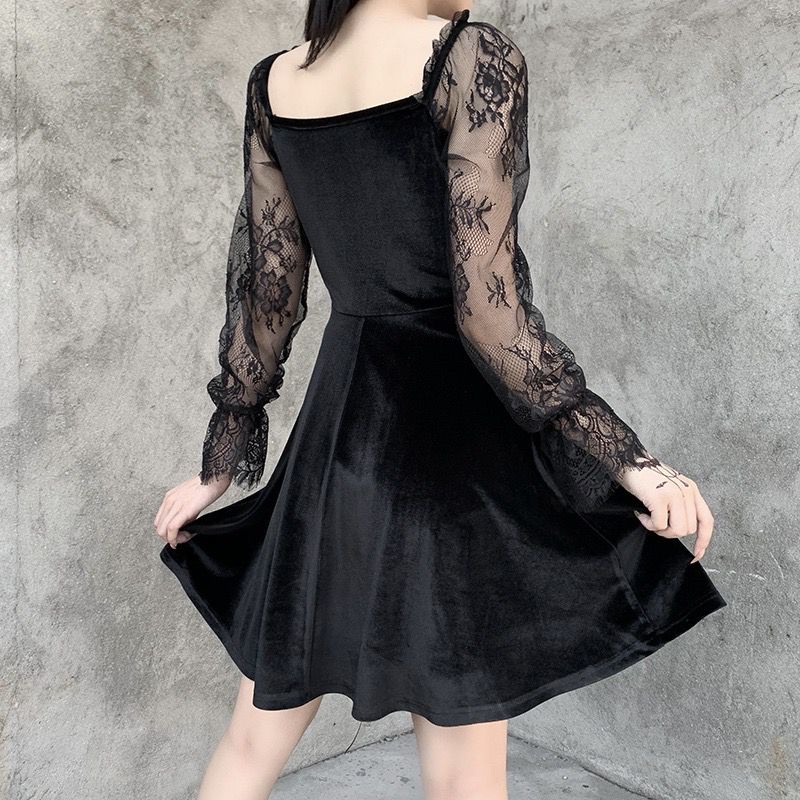 Gothic Vintage Grunge Layerder Lace Black Velvet Dress 8468 (S/M/L)