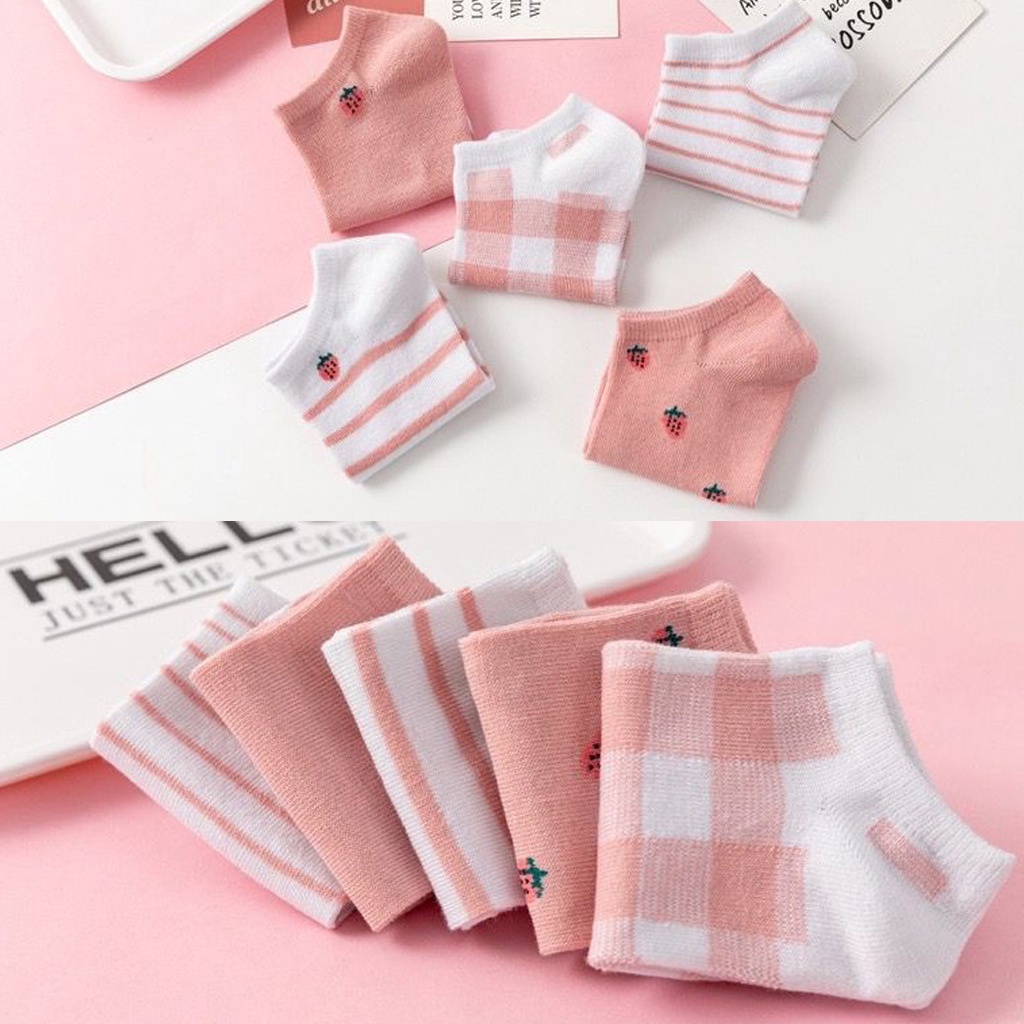 BRGUNIK Kaos Kaki Wanita Motif Kotak Pink Strawberry Fashion Korea Women Sock Import R601