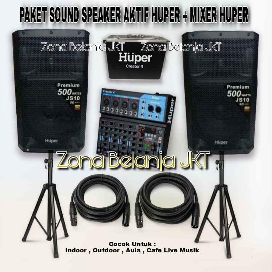 PAKET SOUND SYSTEM SPEAKER HUPER 15 INCH JS10 MIXER HUPER 4 CHANNEL USB BLUETOOTH UNTUK INDOOR OUTDOOR LIVE MUSIKORIGINAL ( H-1 )