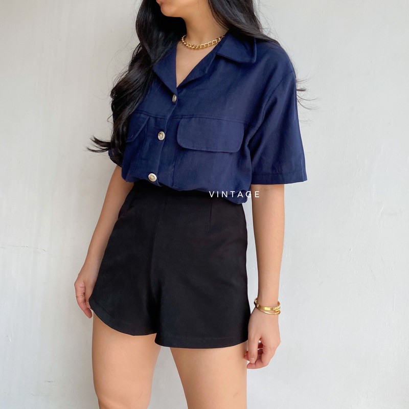 KEMEJA WANITA CASUAL POCKET TOP KEMEJA WANITA POLOS BASIC MURAH-Navy