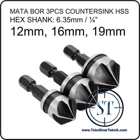 3 Pcs Mata Bor Countersink chamfering Pembolong Kayu HSS 12/16/19mm Drill Bit Set Wood 1/4&quot; Shank