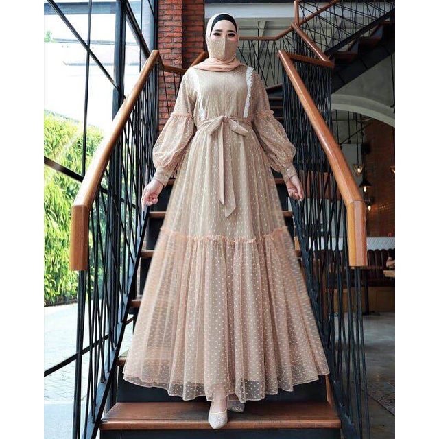 Baju Gamis Pesta Tiara Maxi Dress Tile Dot Dress Kondangan Remaja Dress Busui Fashion Wanita Terlaris-Moca