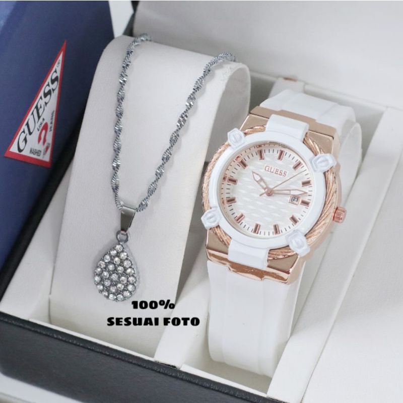 jam tangan wanita GUESS Tali rubber putih body rosegold