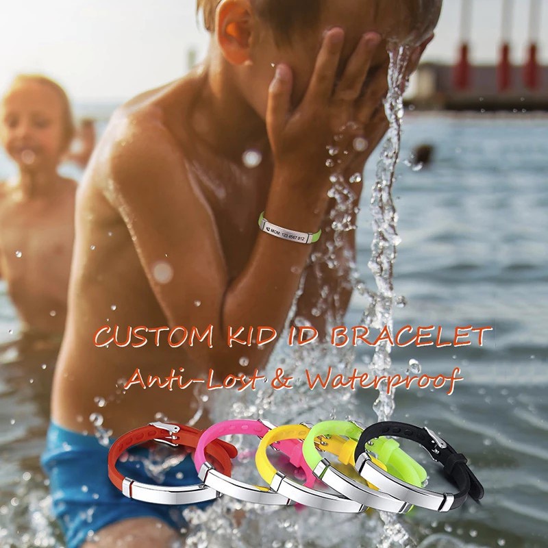 Personalisasi Anak-anak Bayi ID Gelang Lembut Silicone Kemudi Stainless Steel Anak Perempuan Laki-laki Kustom Nama Darurat Telepon