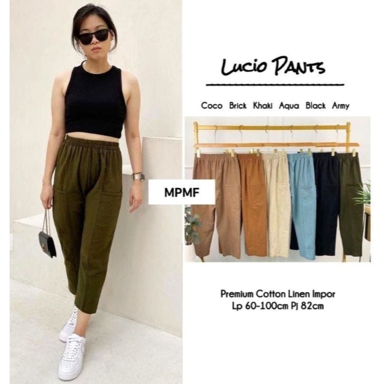 celana baggy Lucio pants rayon linen premium super saku samping pinggang original