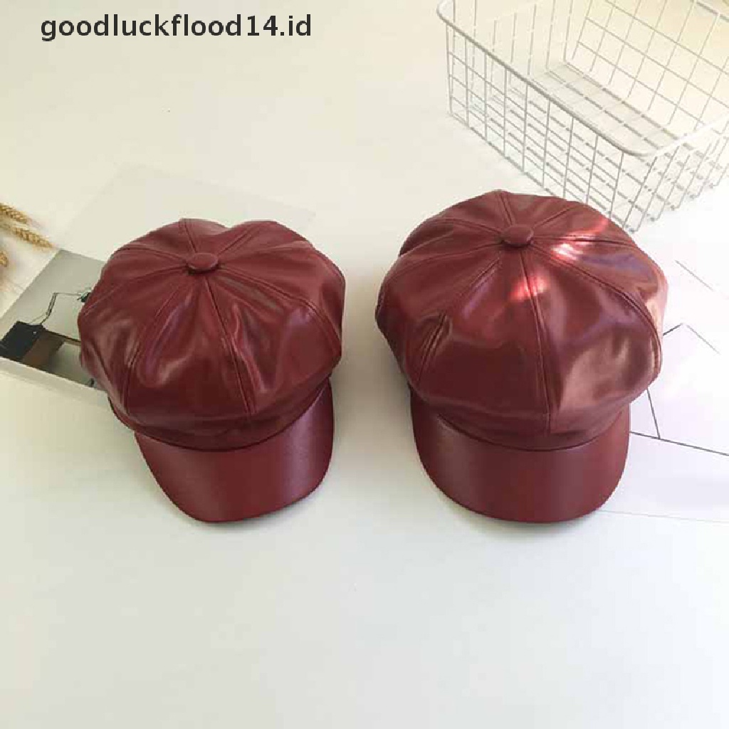 Topi Kasual Bentuk Octagonal Bahan Kulit PU Warna Solid Gaya Vintage Untuk Wanita