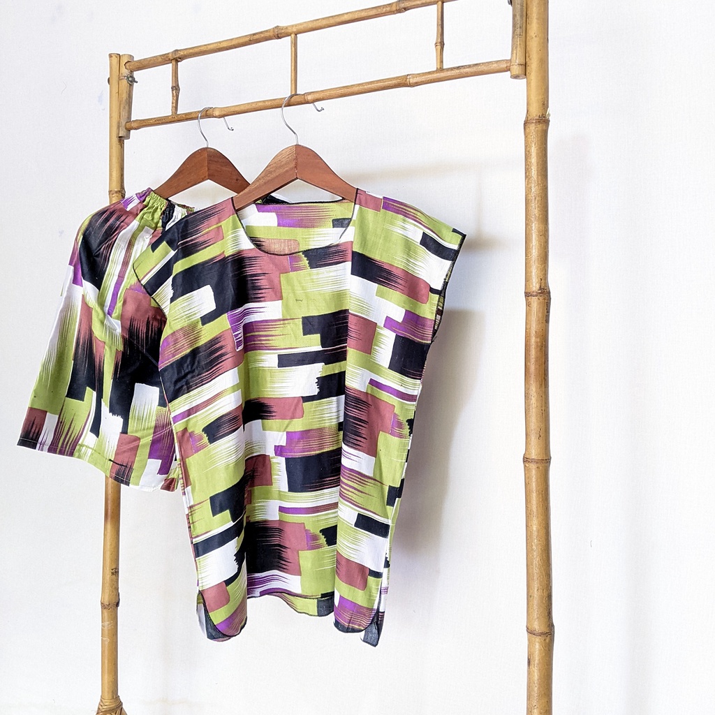 Baju Tidur Tanpa Lengan Piyama Krill Setelan Midi Homewear Homey Dress Baby Doll Dewasa Nyaman Di Rumah Santai WFH Rayon One Set Pajamas-abstract green choco