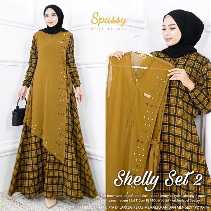 SHELLY SET Baju Gamis Wanita Lengan Panjang Terbaru  Maxy Set Mix ceruty babydoll Feb Inner Rami Imp