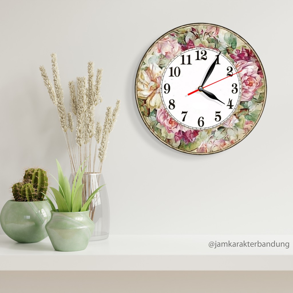 Jam Karakter Bandung - 026 Jam Dinding Shaby Chic Motif Bunga Polos Tengah