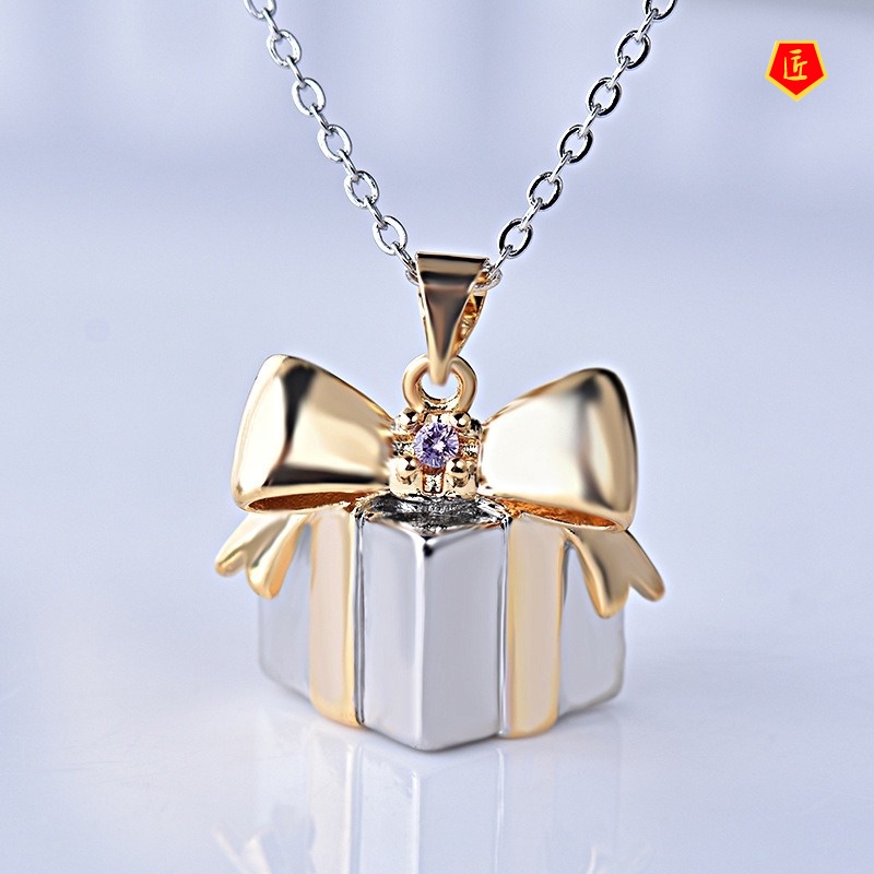 [Ready Stock]Christmas Gift Box Jeweled Pendant 18K Gold Plated Two-Tone Necklace