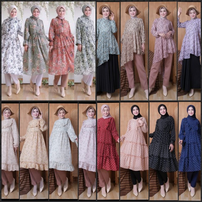 Atasan Blouse Tunik Rayon / Ceruty Ruffle Plisket Pleated Motif Bunga,Salur,Kotak,Polkadot Etnik