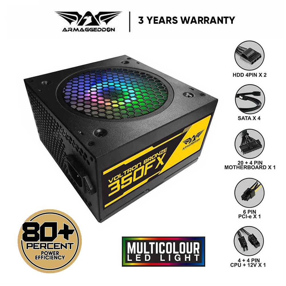 Power Supply 350FX Armaggeddon PSU Gaming 80 Plus 80+ Voltron Pure Power 350W [ Peak Power 700Watts ][12cm RGB Fan][ 3 Tahun Garansi ]