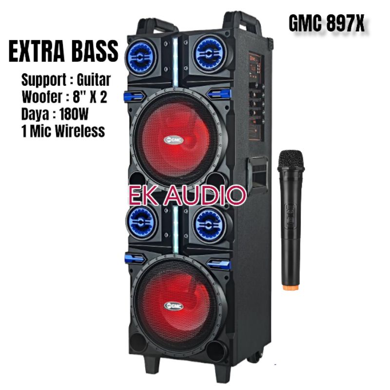 Speaker Aktif Portable Double 8 Inch GMC 897X Bluetooth Karaoke Xbass 1 Mic Wireless Original