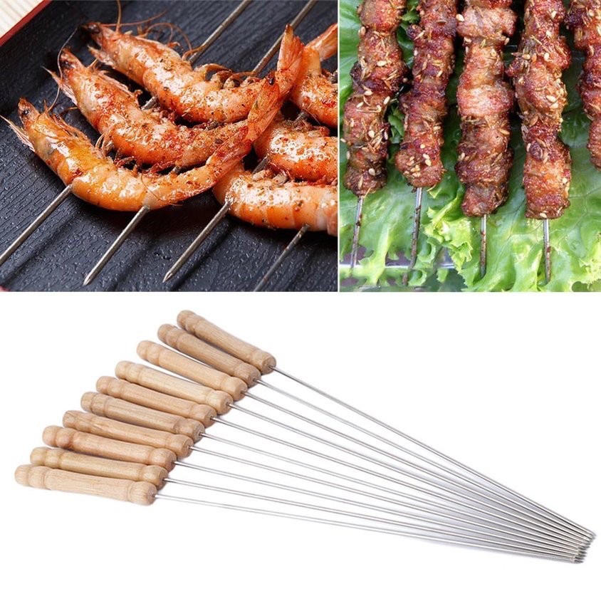 Alat Tusuk Sate BBQ Reusable 34cm Stick Skeewer Stainless Wood TUSUK BBQ MURAH TUSUK SATE STAINLESS