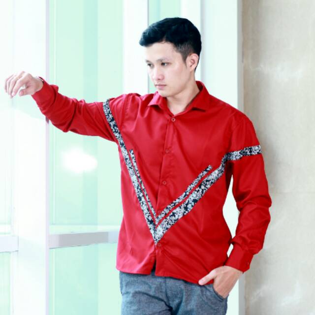 Kemeja Batik Pria Modern Merah M L XL XXL