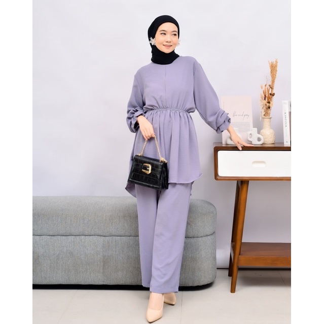 ONE SET TUNIK CRINKLE TUNIK AIRFLOW | SETELAN TUNIK CRINKLE PREMIUM | SET WEAR POLOS | PYJAMAS MUSLIMAH TERBARU