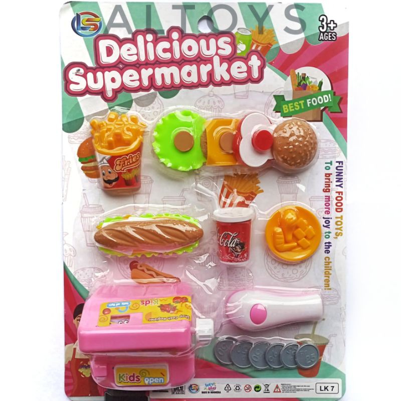 Mainan anak mesin kasir dan masak masakan delicious supermarket set