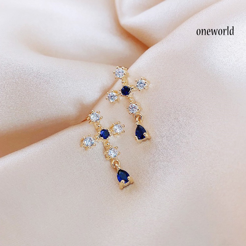 OW# Fashion Women Faux Sapphire Rhinestone Alloy Cross Ear Stud Earrings Jewelry Gift