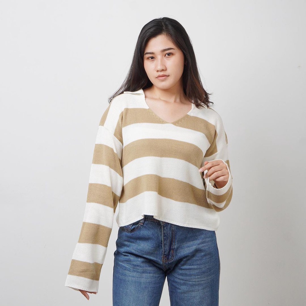 FUJI ATASAN RAJUT BLOUSE BB30-50KG CROPTOP BLASTER GARIS SALUR FUJI SWEATER BAJU BELANG BAJU KERAH KEMEJA WANITA KOREA STYLE