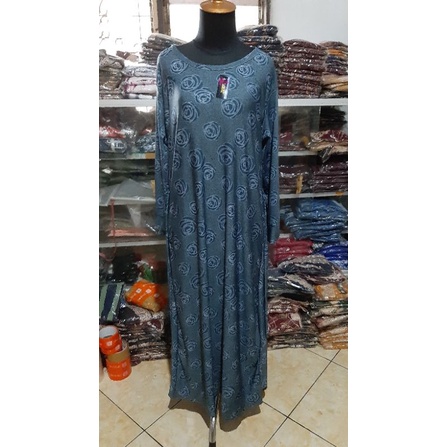 Gamis Jersey Denim Abu-Abu Motif Bunga Import