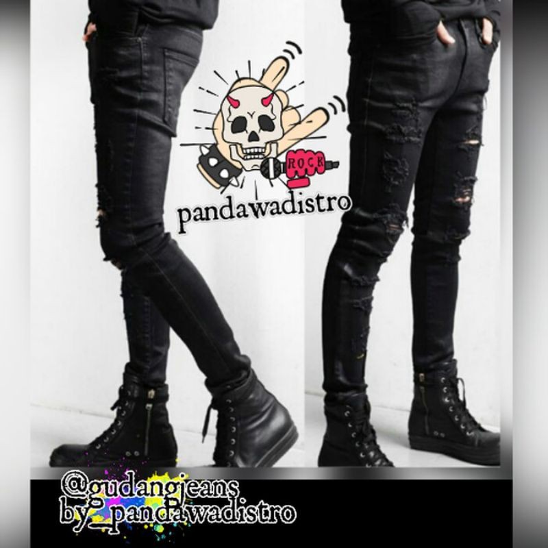 CELANA SOBEK PRIA RIPPED JEANS ROBEK SLIMFIT PENSIL SKINNY HITAM PREMIUM 27-38